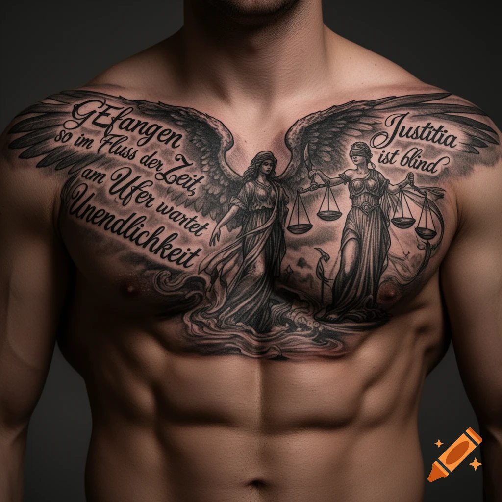 A shirtless man's chest displays a large, detailed black-and-grey tattoo featuring winged figures, scales, and German script.