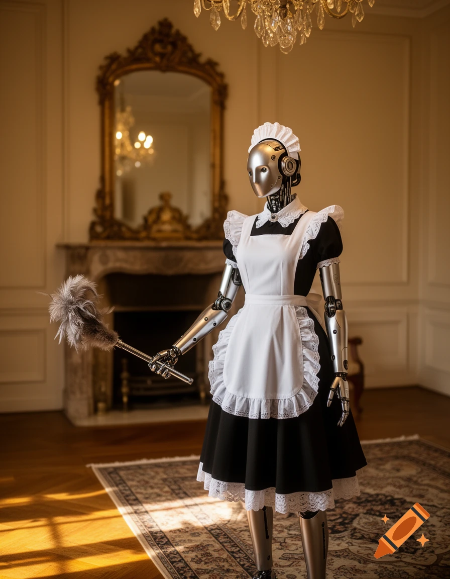 A photorealistic robot in a black and white maid uniform holds a feather duster in a luxurious room with a golden mirror and chandelier.