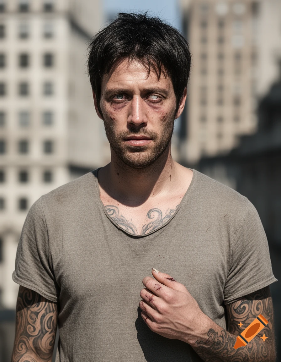 A close-up portrait of a disheveled man with dark hair, one white eye, dirty face, and tattoos on his arms and chest, standing in an urban setting.