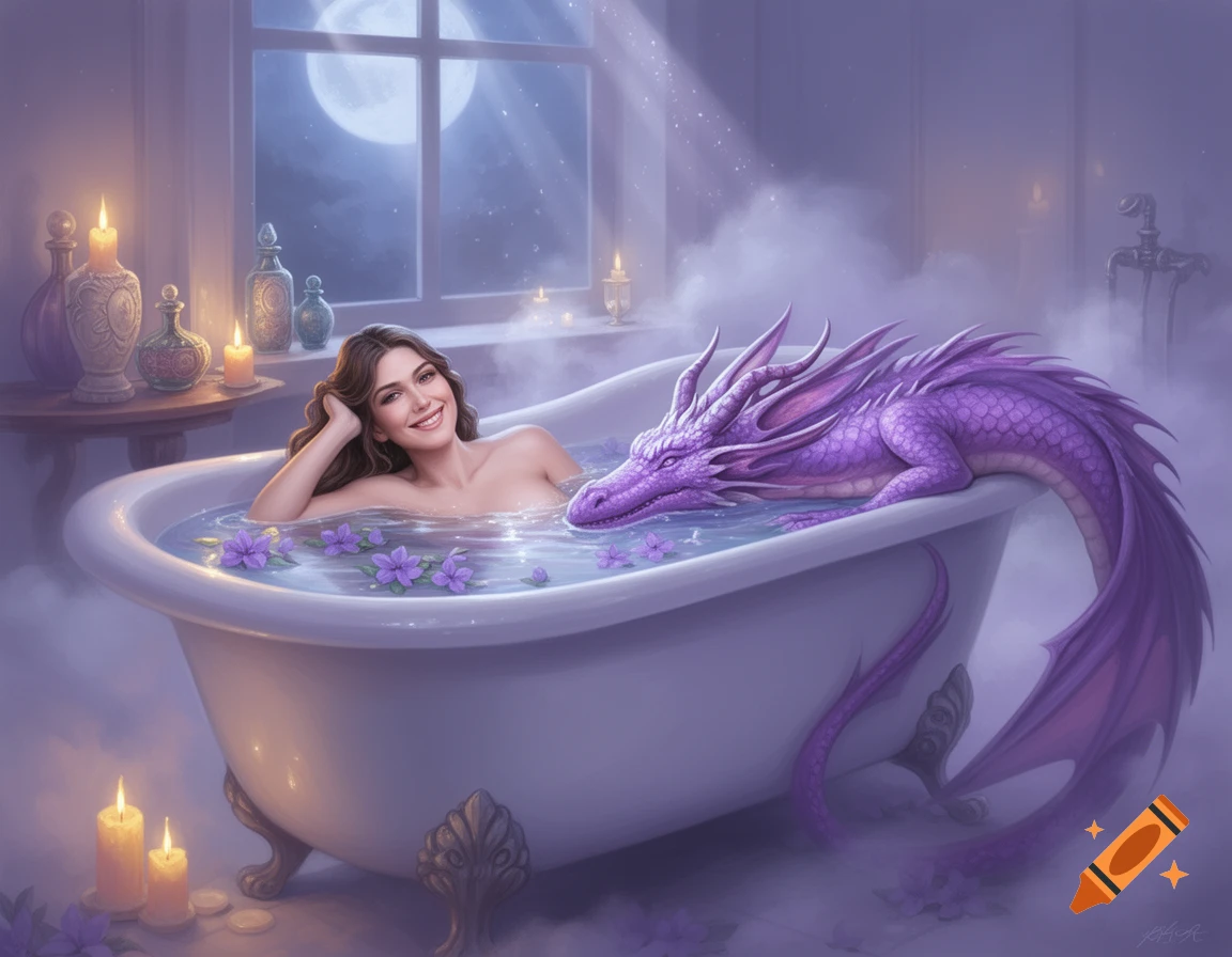 A smiling woman and a purple dragon share a bath with purple flowers in a dreamy, moonlit fantasy bathroom.