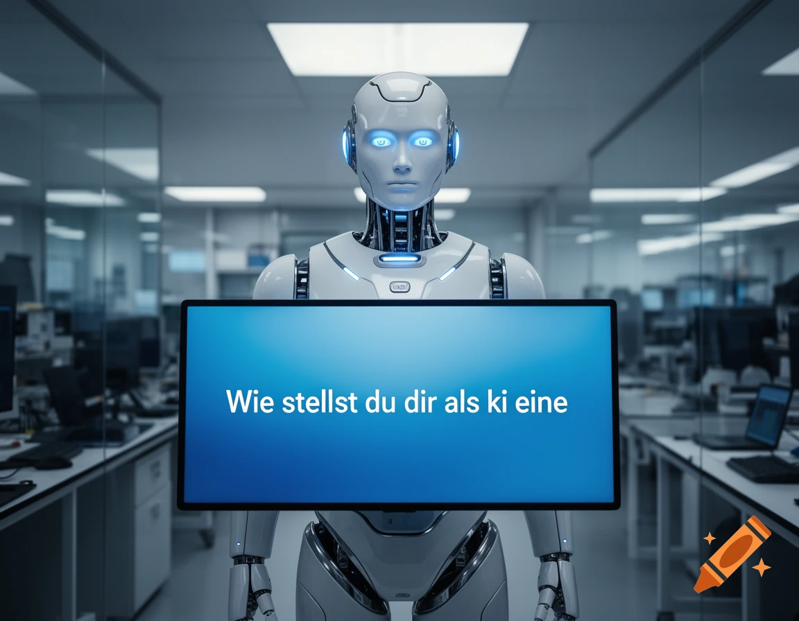 Photorealistic white humanoid robot with glowing blue eyes holding a screen displaying German text in a modern office.