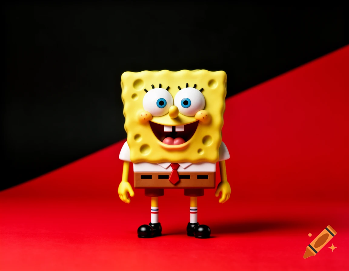 A Spongebob Squarepants figurine stands on a red surface against a black and red diagonal background. The figurine smiles widely, wearing a white shirt, brown shorts, and a red tie.