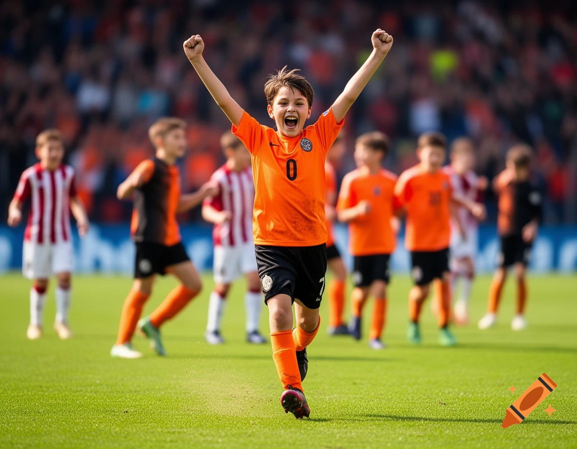 A young boy in an orange soccer uniform with number 0 raises his arms in celebration on a green field, surrounded by other players.