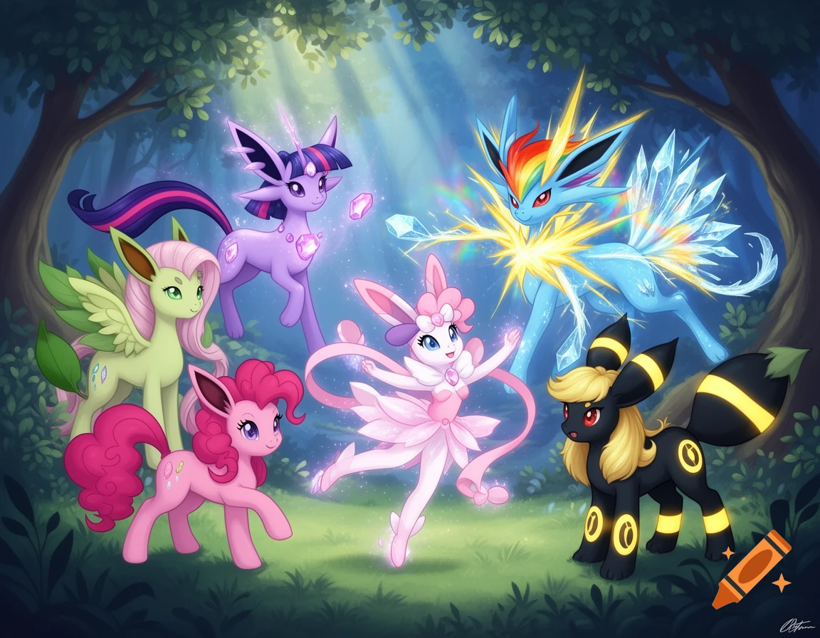 Six colorful My Little Pony and Pok 00e9mon Eeveelution fusions pose in a magical forest with light rays, in a cartoon style.