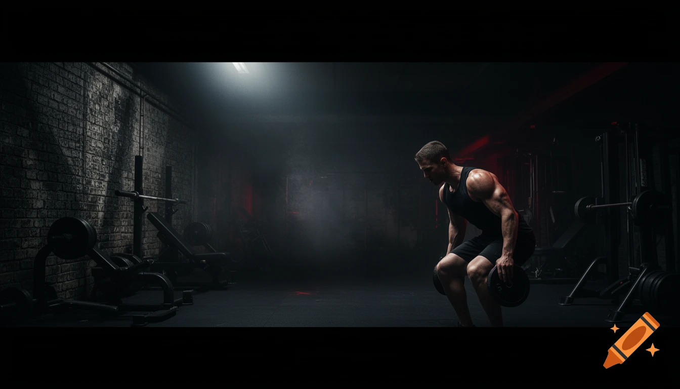 Muscular athlete training in a dark, atmospheric underground gym, holding weights. Cinematic, photorealistic style.