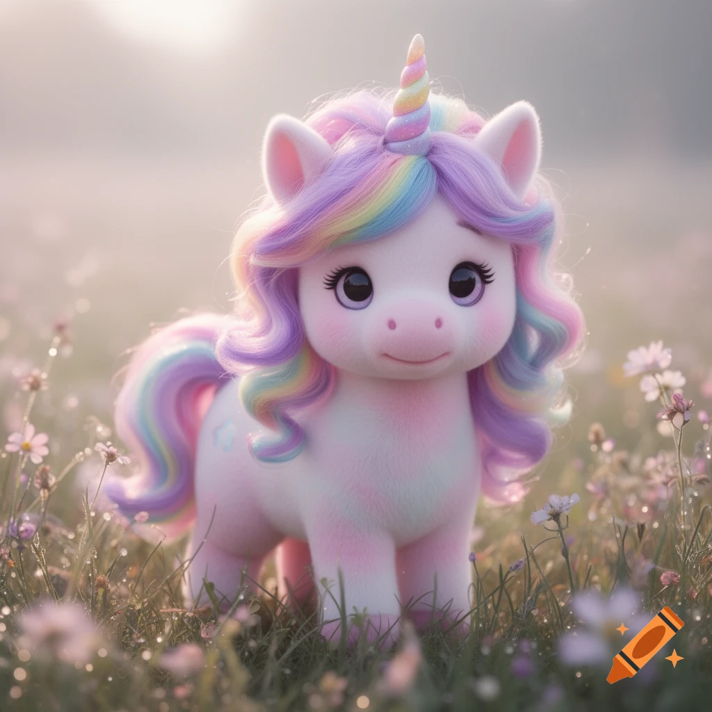 A fluffy, cute pink unicorn with a rainbow mane, tail, and horn stands in a soft focus field of small flowers.