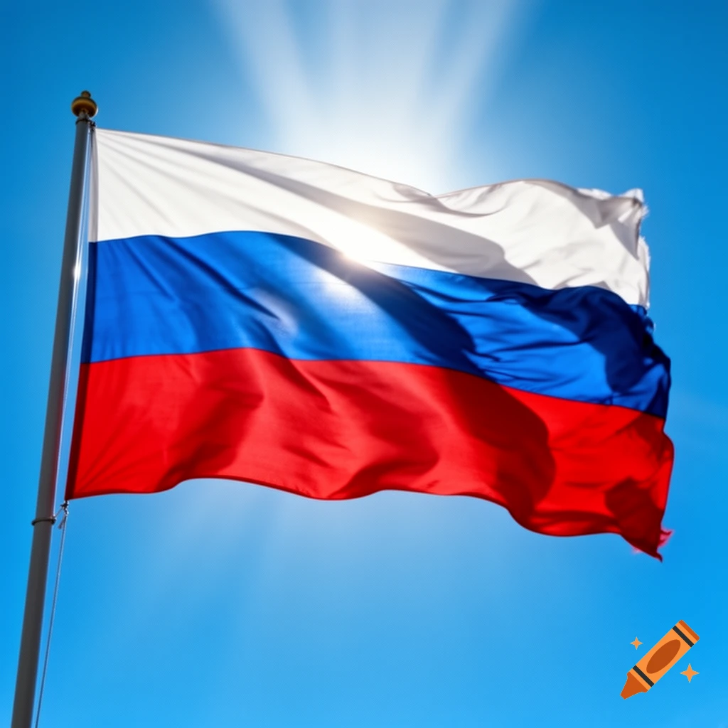 The Russian flag, with white, blue, and red horizontal stripes, waves against a clear blue sky with sun rays shining through.