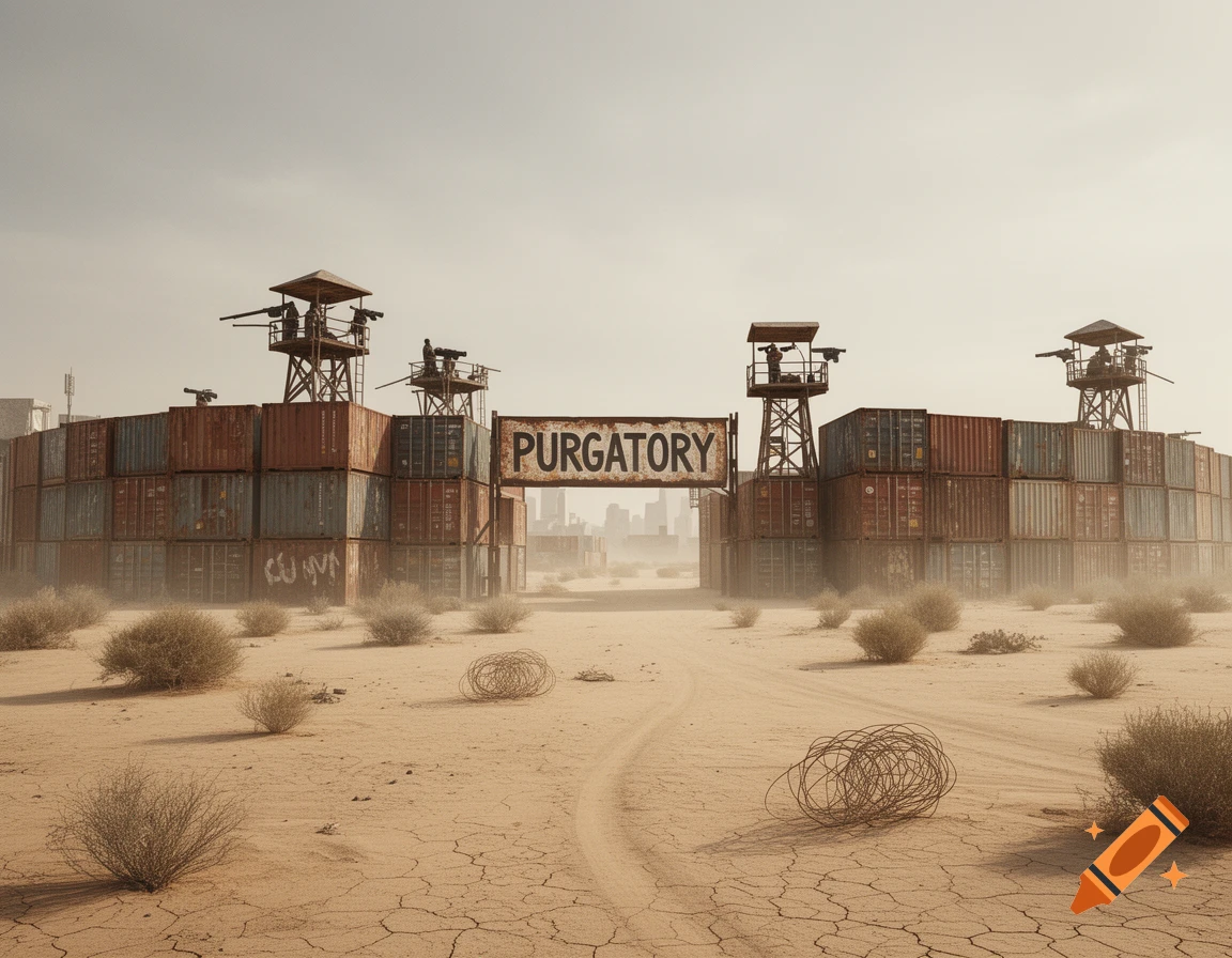 Photorealistic image of a post-apocalyptic desert city entrance with walls made of shipping containers, manned guard towers, and a sign reading "PURGATORY" above a dirt road.