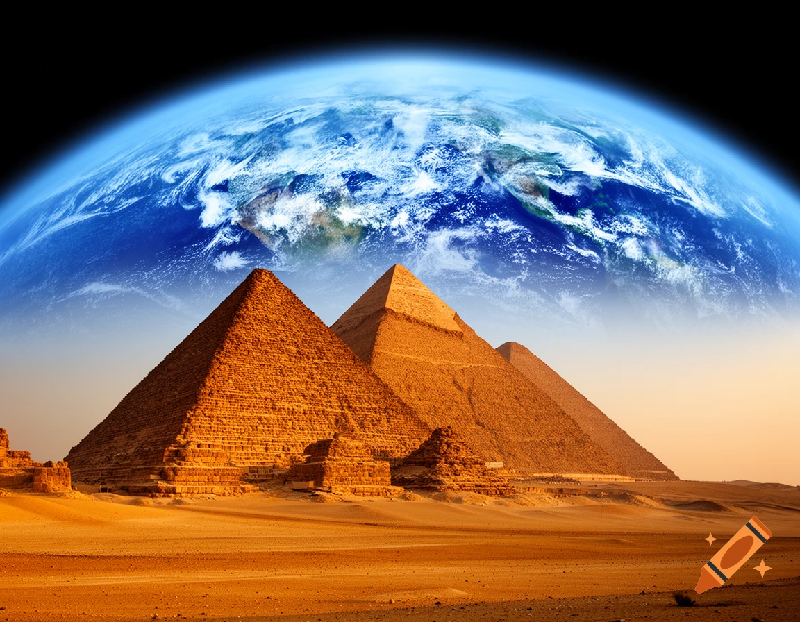 The Earth's blue sphere with white clouds arcs above the iconic Pyramids of Giza in a vast, orange desert landscape at sunset.