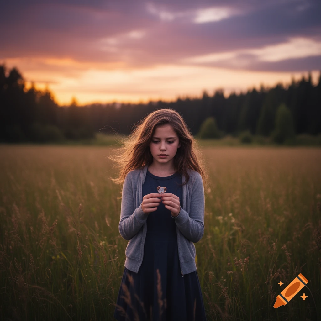 A young girl with long brown hair stands in a field at sunset, looking down at a small object in her hands.