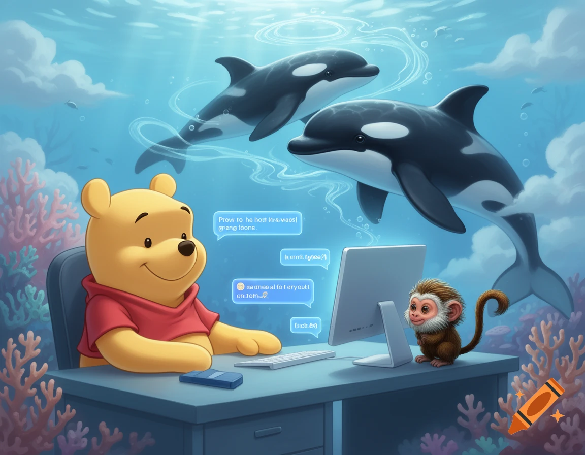 Winnie the Pooh sits at a desk with a computer and a pygmy marmoset, chatting underwater with two killer whales.