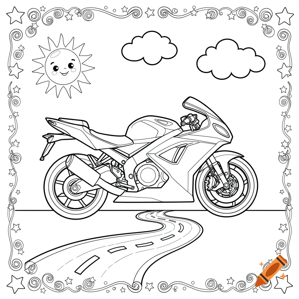 Line art coloring page featuring a sports motorcycle on a road, with a smiling sun and clouds, bordered by stars and swirls.