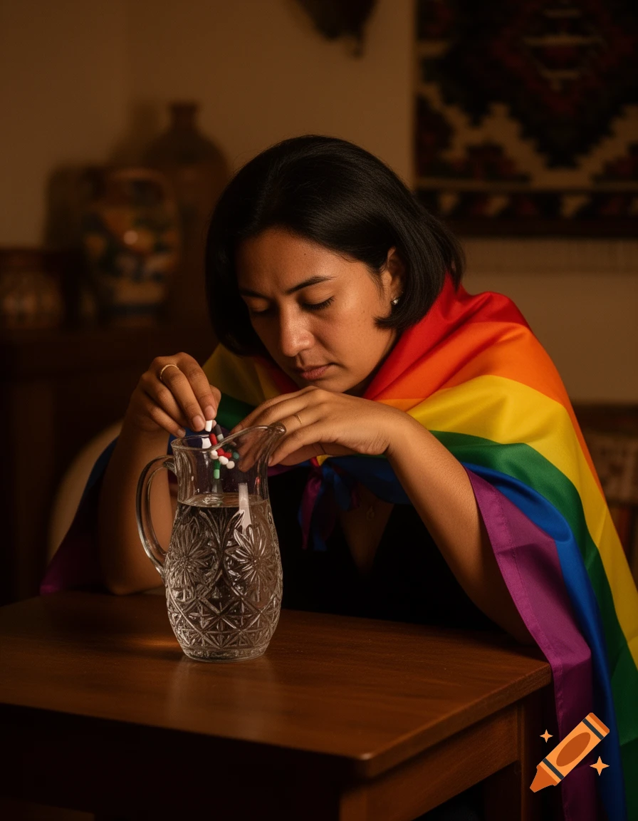 A person draped in a pride flag carefully drops pills into a pitcher of water on a wooden table.