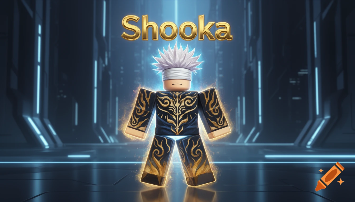 A Roblox-style character with white spiky hair and a blindfold, wearing a black and gold patterned outfit, stands in a futuristic blue-lit corridor beneath the golden text "Shooka".