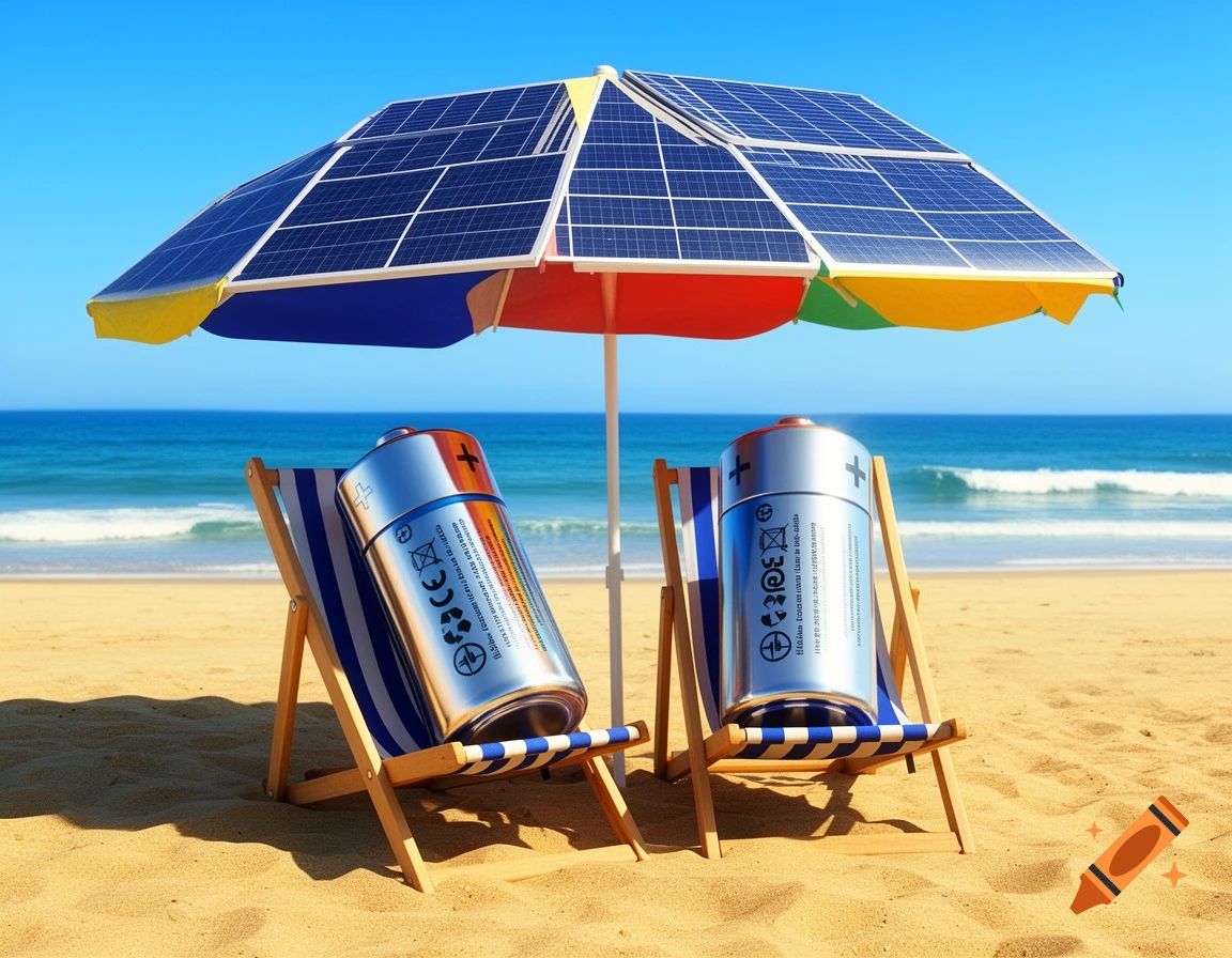 Two large batteries relax in beach chairs under a solar panel umbrella on a sunny sandy beach with the ocean in the background.