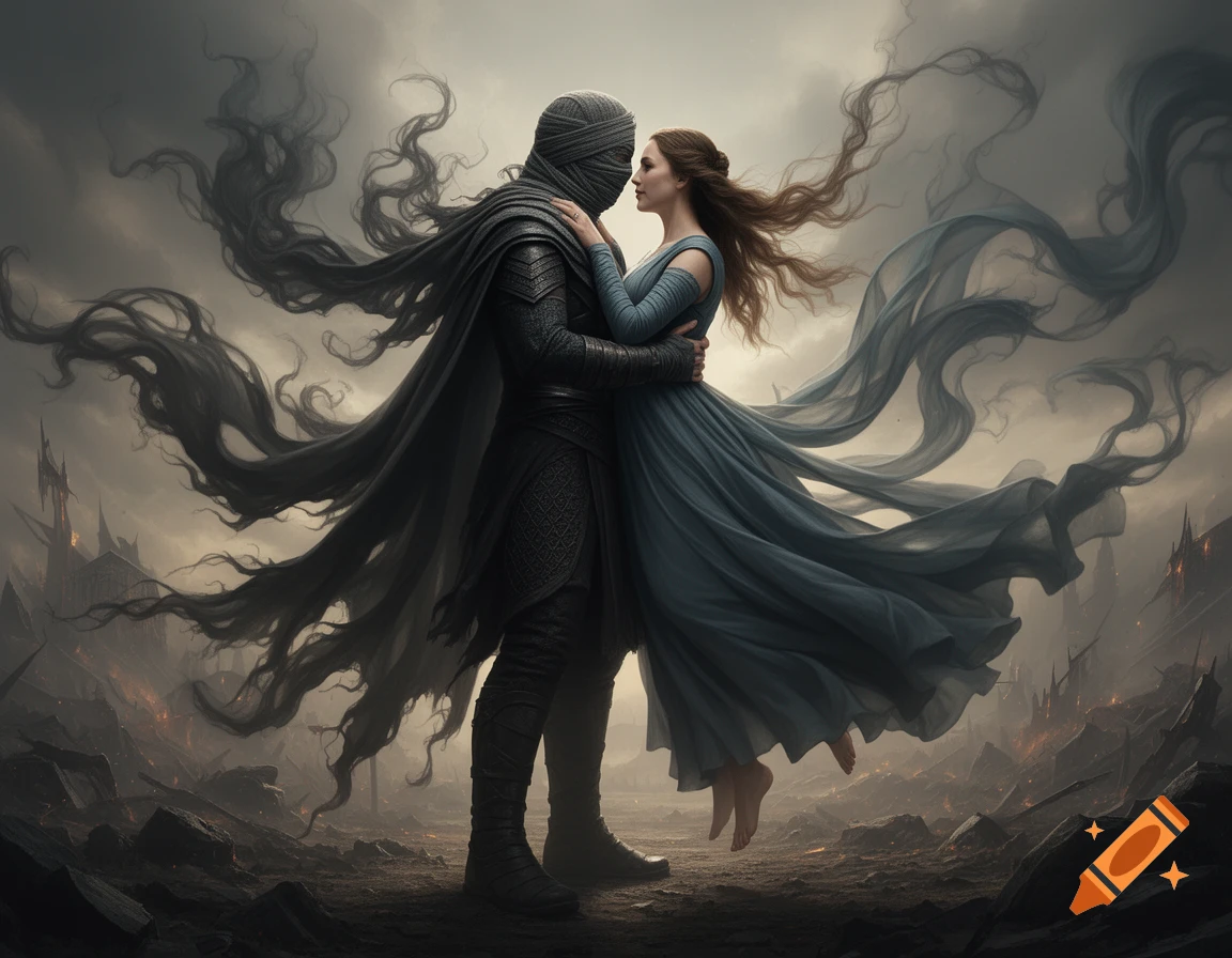 A dramatic fantasy artwork of a shrouded figure embracing a woman in a flowing blue gown, both surrounded by dark, ethereal tendrils, against a desolate, stormy landscape.