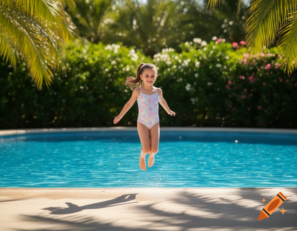 A young girl in a colorful swimsuit smiles while jumping in the air above the edge of a bright blue swimming pool on a sunny day.