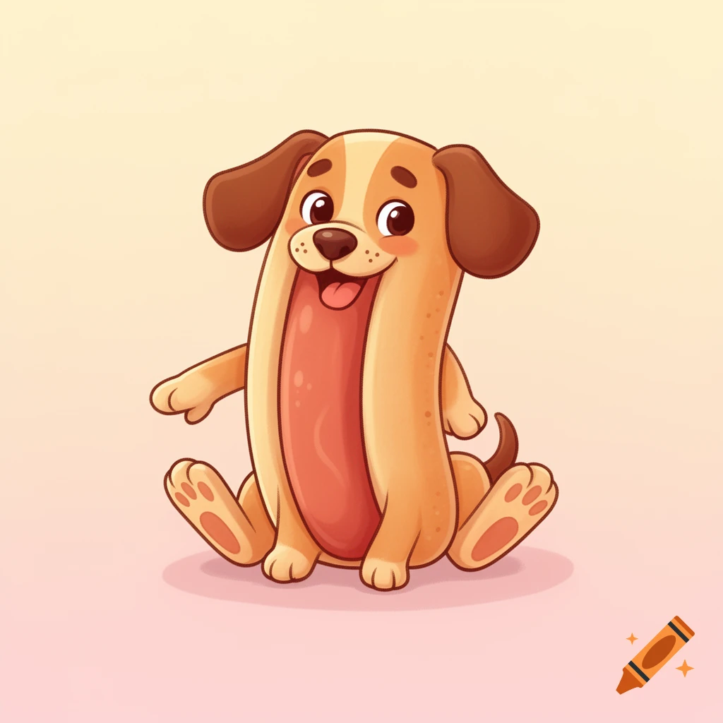 A cute cartoon hotdog character with a dog's head, ears, and paws sits happily on a pink and beige gradient background.