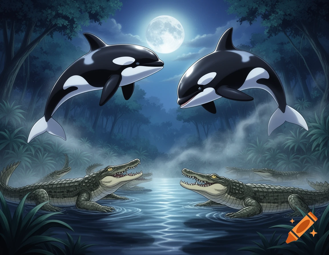 Two cartoon orcas leap above a river filled with crocodiles in a dark, misty forest under a bright full moon, in an illustrated style.