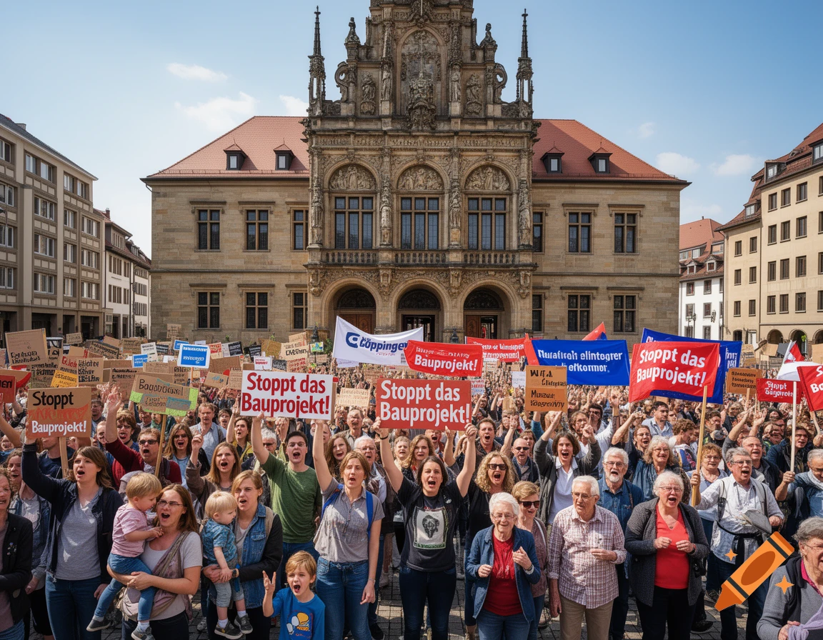 A large crowd of people with signs and banners are protesting in front of a historic town hall under a clear sky.