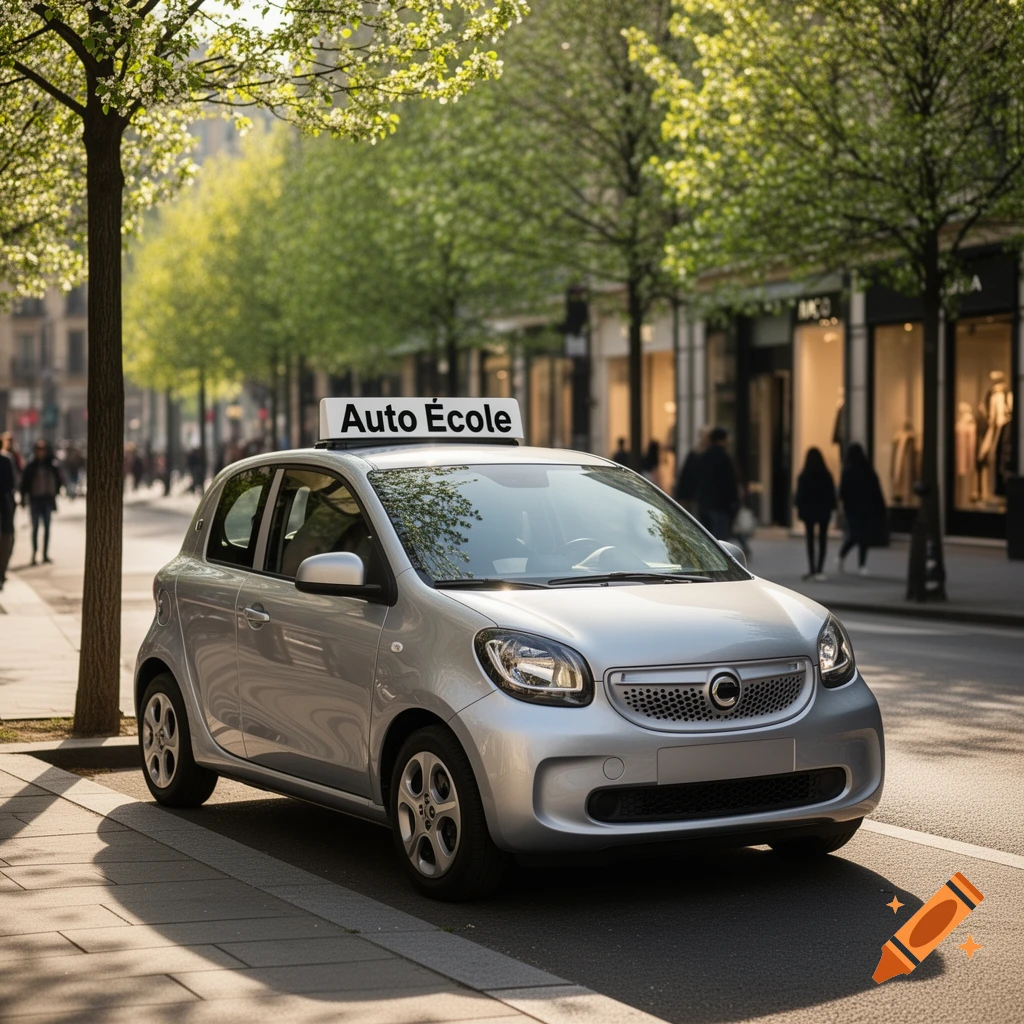 A silver driving school car with 'Auto École' on its roof is parked on a sunny city street lined with trees and shops.