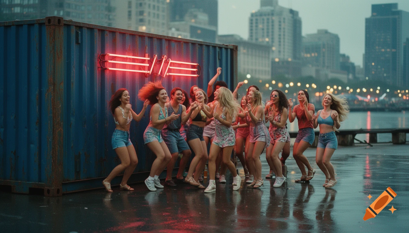 A group of women in light clothing dance happily in front of a blue shipping container with red neon lights, next to water and a city skyline at dusk.