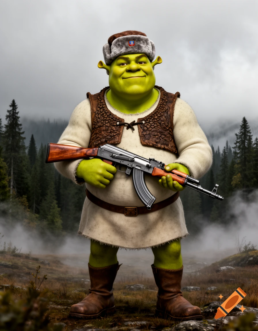 Shrek wearing a ushanka hat and peasant attire stands in a misty forest, holding an AK-47 assault rifle.