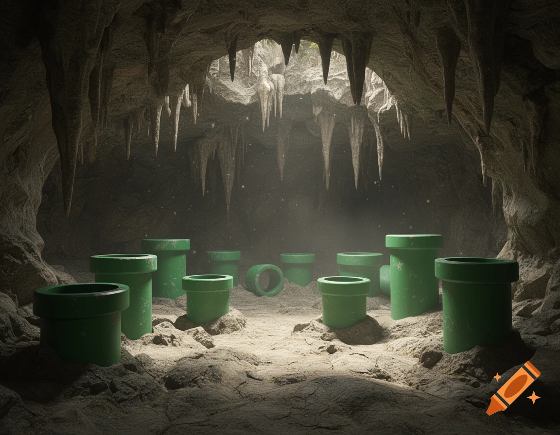A dark, atmospheric underground cave with several green Mario-style pipes on a rocky, sandy floor, and stalactites hanging from the ceiling.