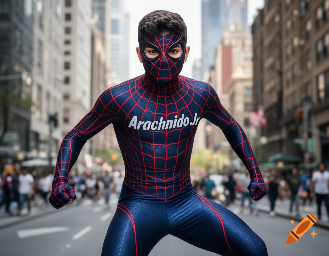 A young boy in a blue and red Spider-Man-like costume with "Arachnido Jr" on the chest stands in a city street, ready for action.