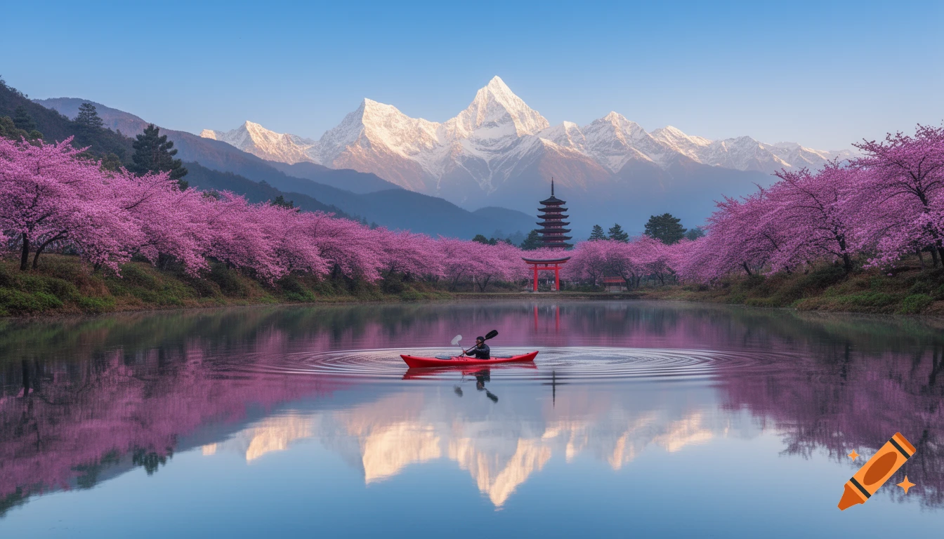 A person kayaks on a serene lake, surrounded by pink cherry blossoms, snow-capped mountains, and a Japanese pagoda and torii gate, photorealistic.