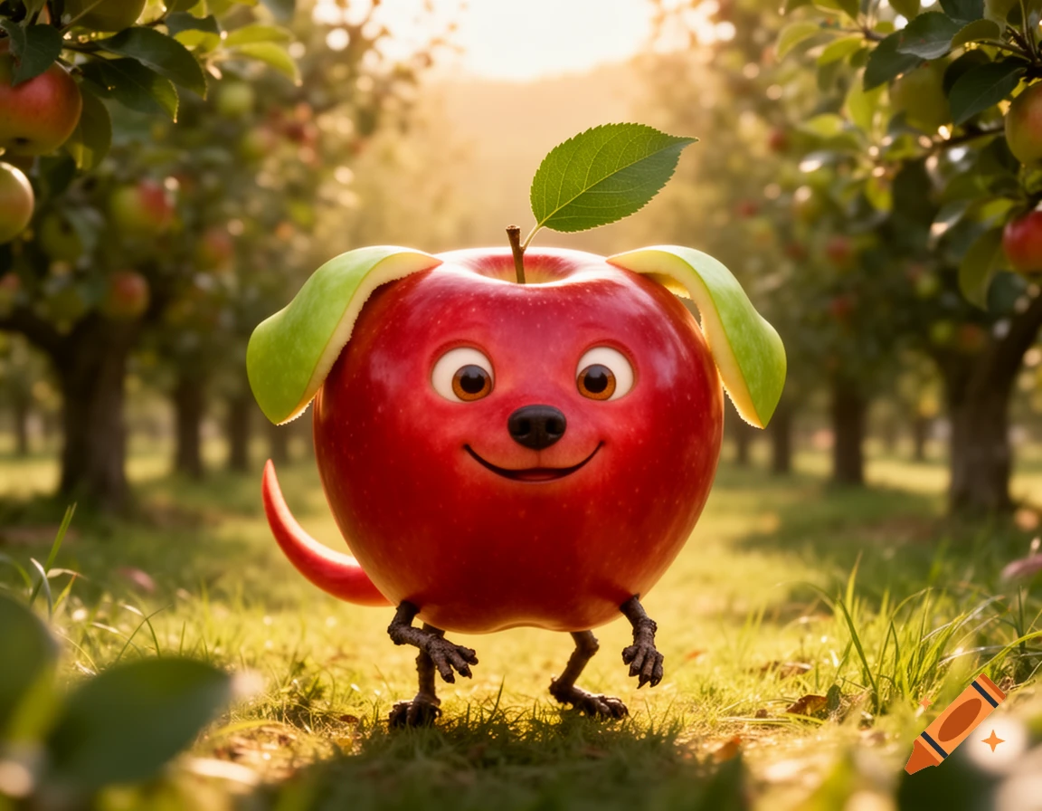 A cute, anthropomorphic apple dog with green peel ears, stick legs, and a wagging tail stands in a sunny apple orchard.