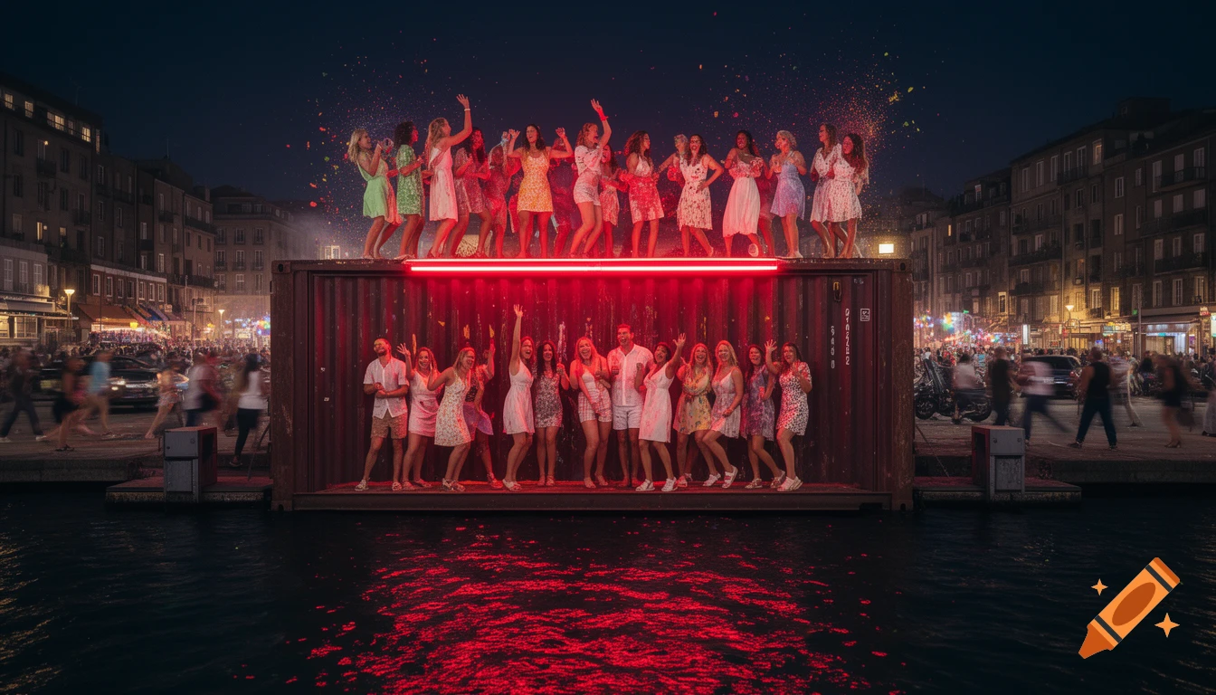 Group of people partying on and around a shipping container by a city waterfront at night, with red neon light reflecting on the water.