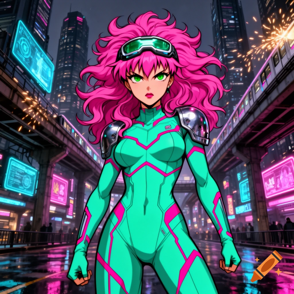 Anime girl with pink hair and green eyes in a teal and pink futuristic suit, standing in a neon-lit cyberpunk city with an elevated train.