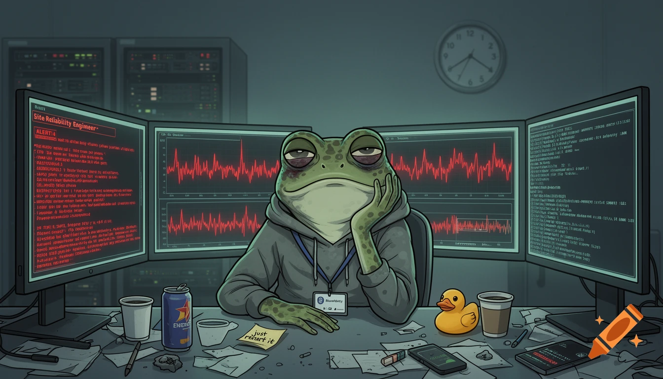 A tired cartoon frog, a site reliability engineer, sits at a cluttered desk in front of three monitors displaying alerts and graphs. He wears a hoodie and a lanyard, with a sticky note saying "just restart it" and a rubber duck nearby.
