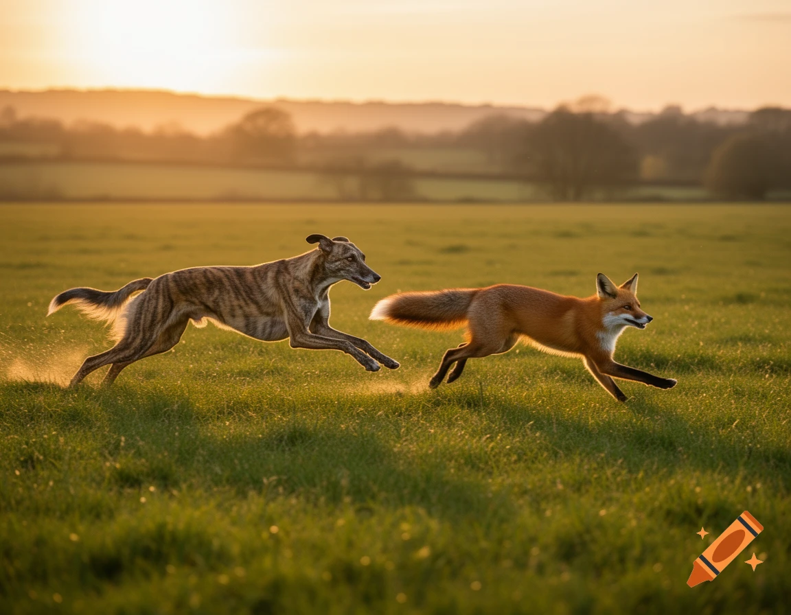 A brindle lurcher and a red fox sprint side-by-side through a sunlit green field at golden hour.