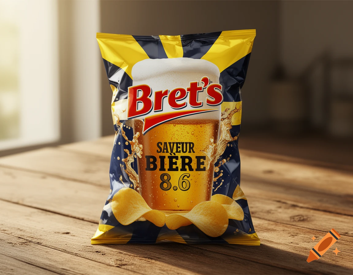 A realistic close-up of a Bret's brand potato chip bag, featuring 'Saveur Biere 8.6' text and a beer glass graphic, on a wooden table.