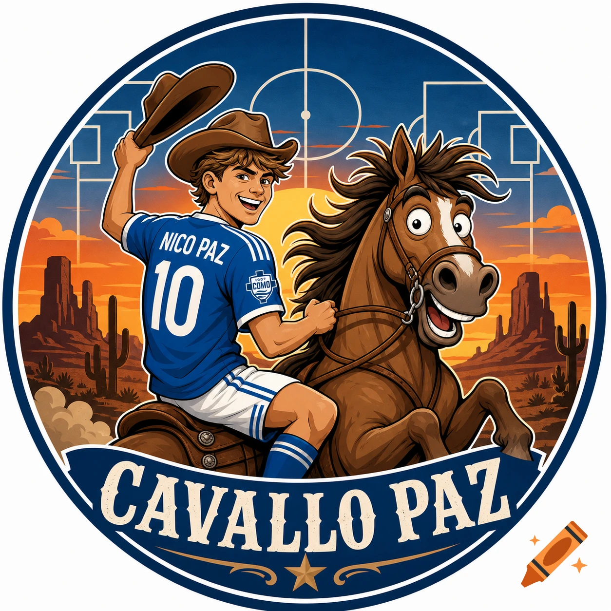 Circular cartoon logo of a smiling soccer player in a cowboy hat riding an excited horse through a desert sunset, with a subtle soccer field pattern in the sky. The text "CAVALLO PAZ" is at the bottom, and "NICO PAZ 10" is on the player's jersey.