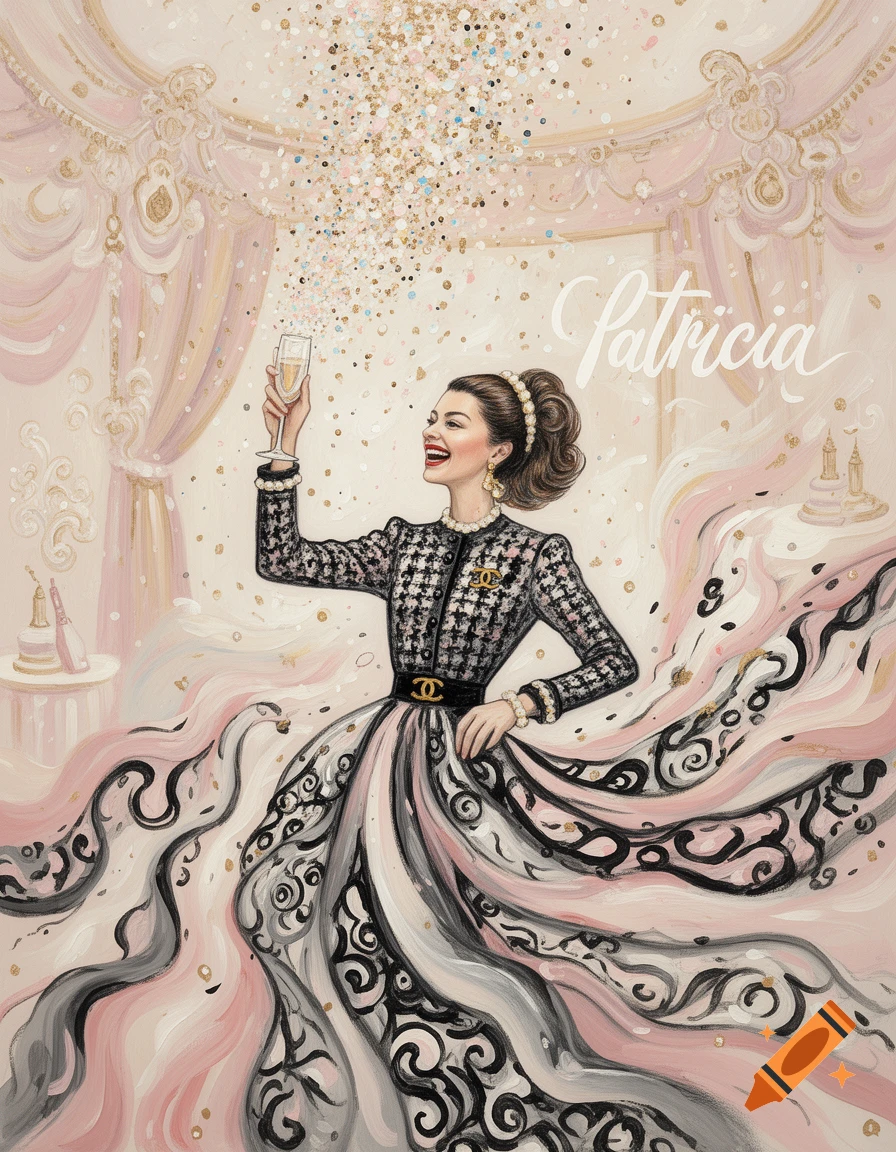 Illustration of a woman in a Chanel-style outfit holding champagne, celebrating amidst confetti, with 'Patricia' written in the background.
