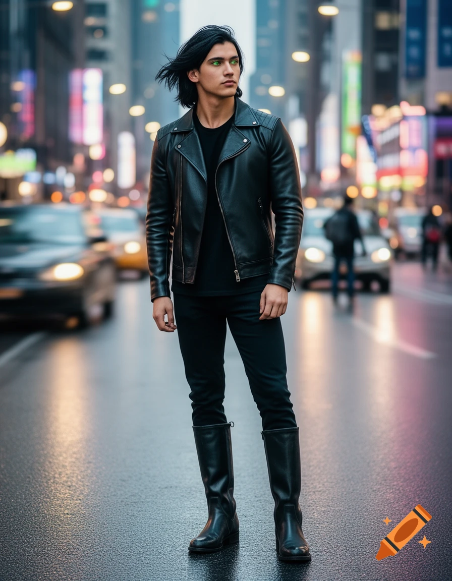 A young adult man with black hair, green eyes, wearing a black leather jacket and tall boots, stands in a city street.