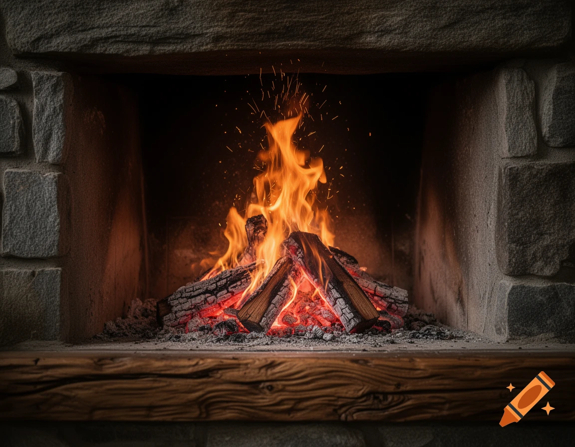 A close-up, photorealistic view of a roaring fire burning in a stone fireplace with a wooden mantel.