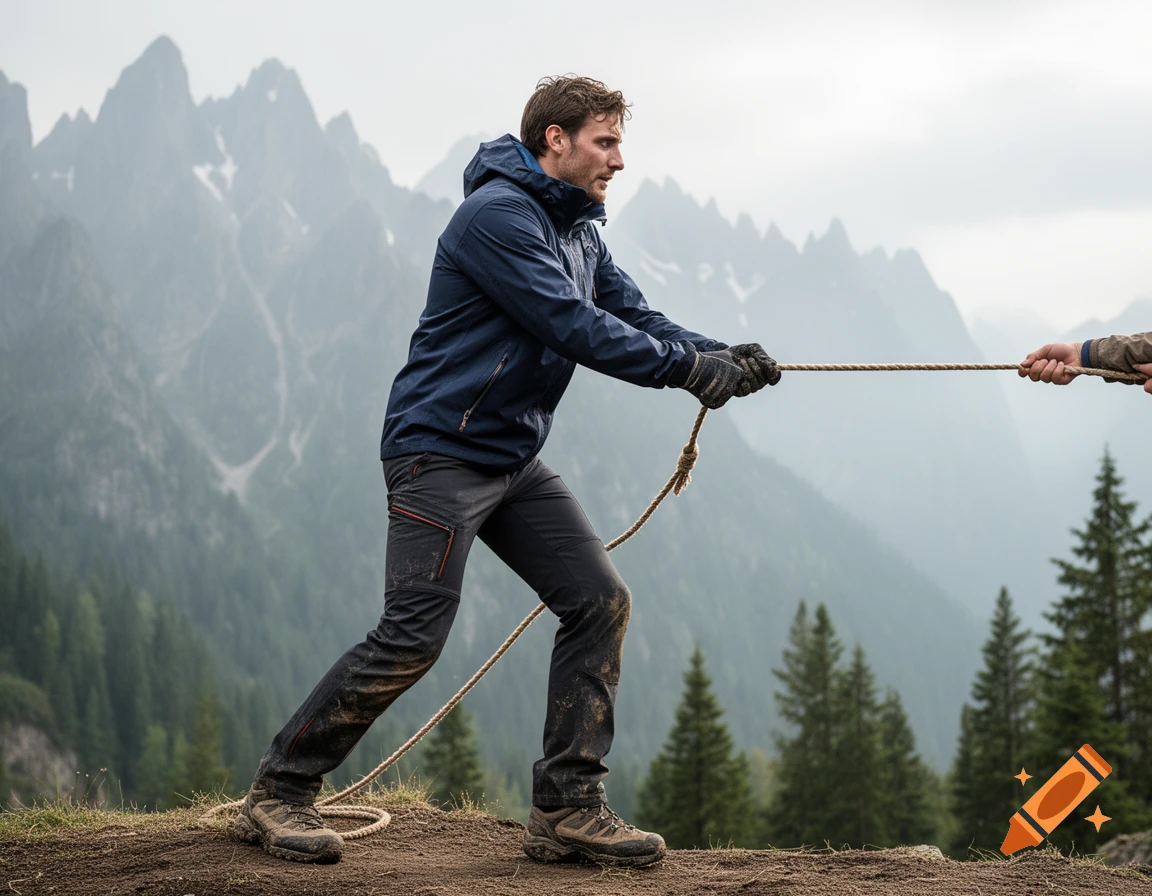 A man in a blue jacket and hiking gear pulls a rope with effort on a dirt path, against a backdrop of misty mountains and pine trees.