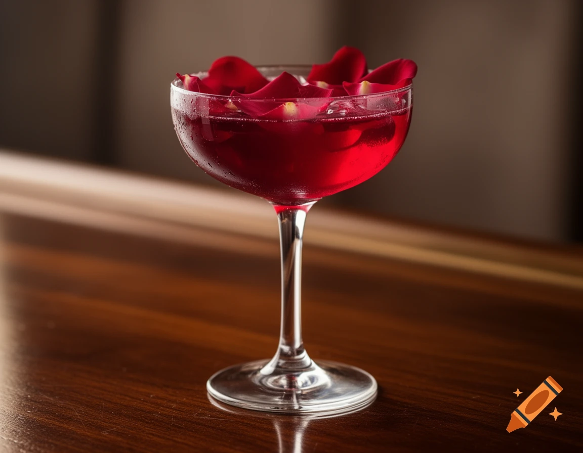 A red drink in a stemmed glass, topped with red rose petals, rests on a polished wooden surface.
