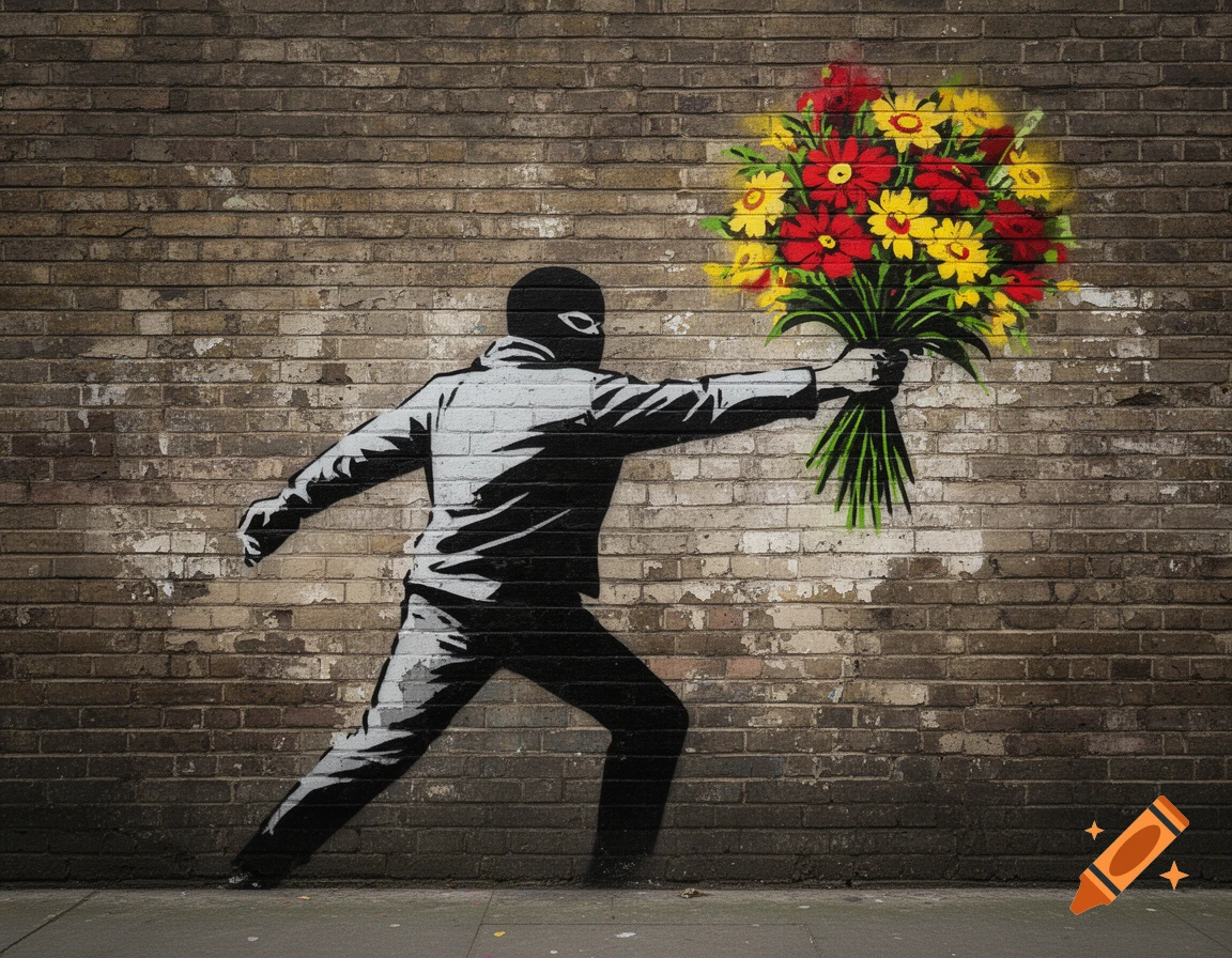 Banksy-style graffiti of a masked figure in black and white throwing a bouquet of red and yellow flowers on a brick wall.