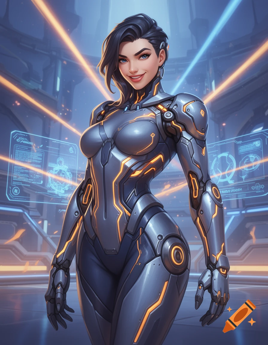 Smiling woman in a metallic sci-fi suit with orange glowing accents stands in a futuristic control room.