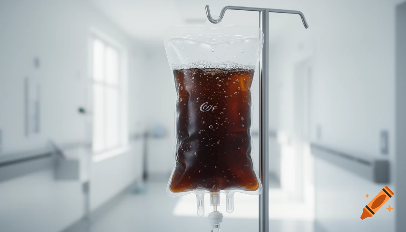 A photorealistic close-up of a transparent medical IV bag filled with fizzy dark brown Coca-Cola, hanging on a metal pole in a bright hospital hallway.