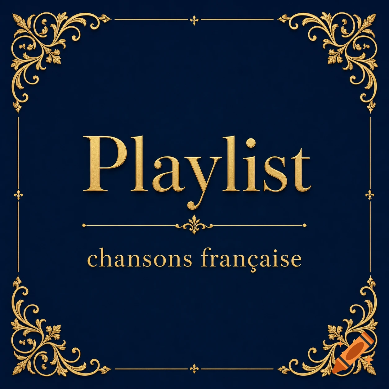 A dark blue square with a golden ornate border, displaying "Playlist" in large golden letters above "chansons française" in smaller golden letters.