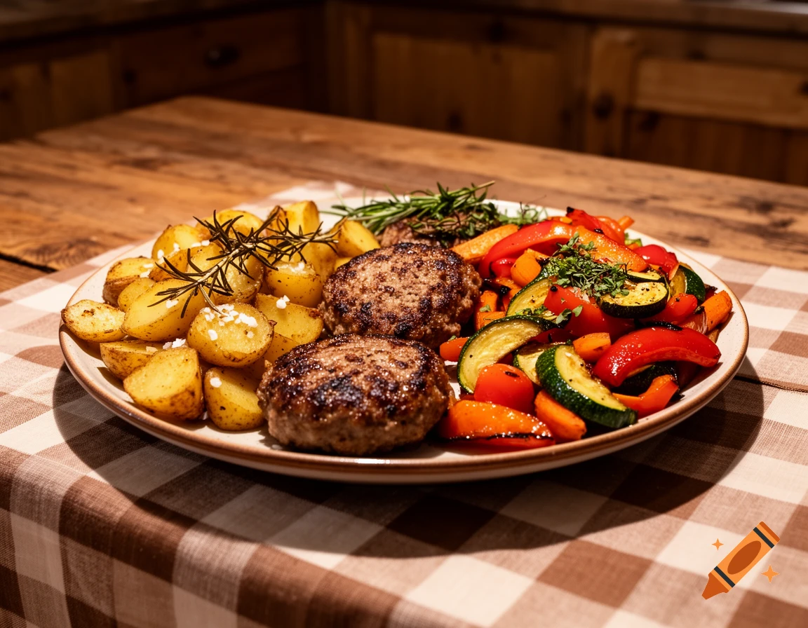 A rustic meal with two grilled patties, rosemary roasted potatoes, and mixed oven-roasted vegetables on a plate on a wooden table.