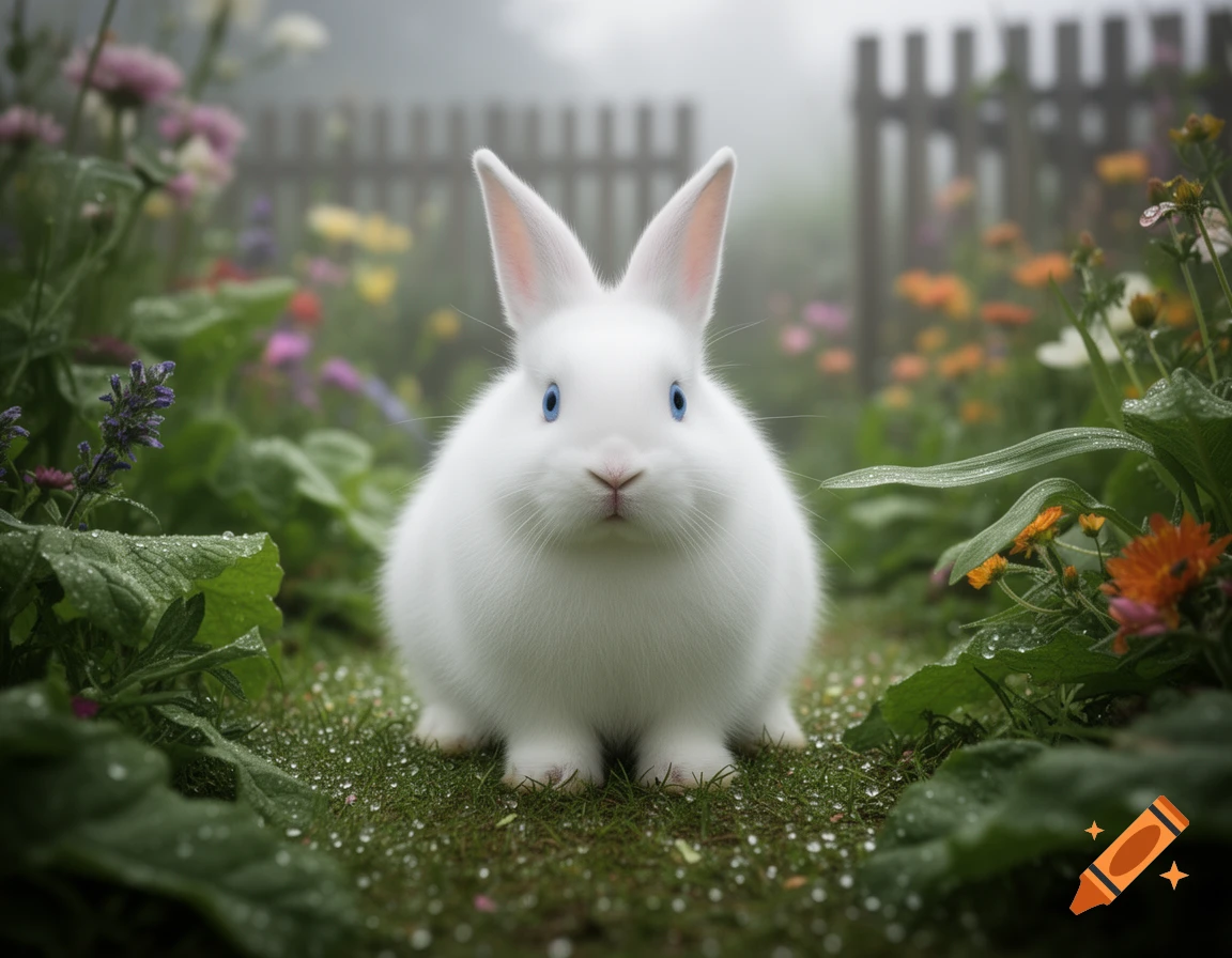 A white rabbit with blue eyes sits in a lush green garden with flowers and dewdrops. Photorealistic.