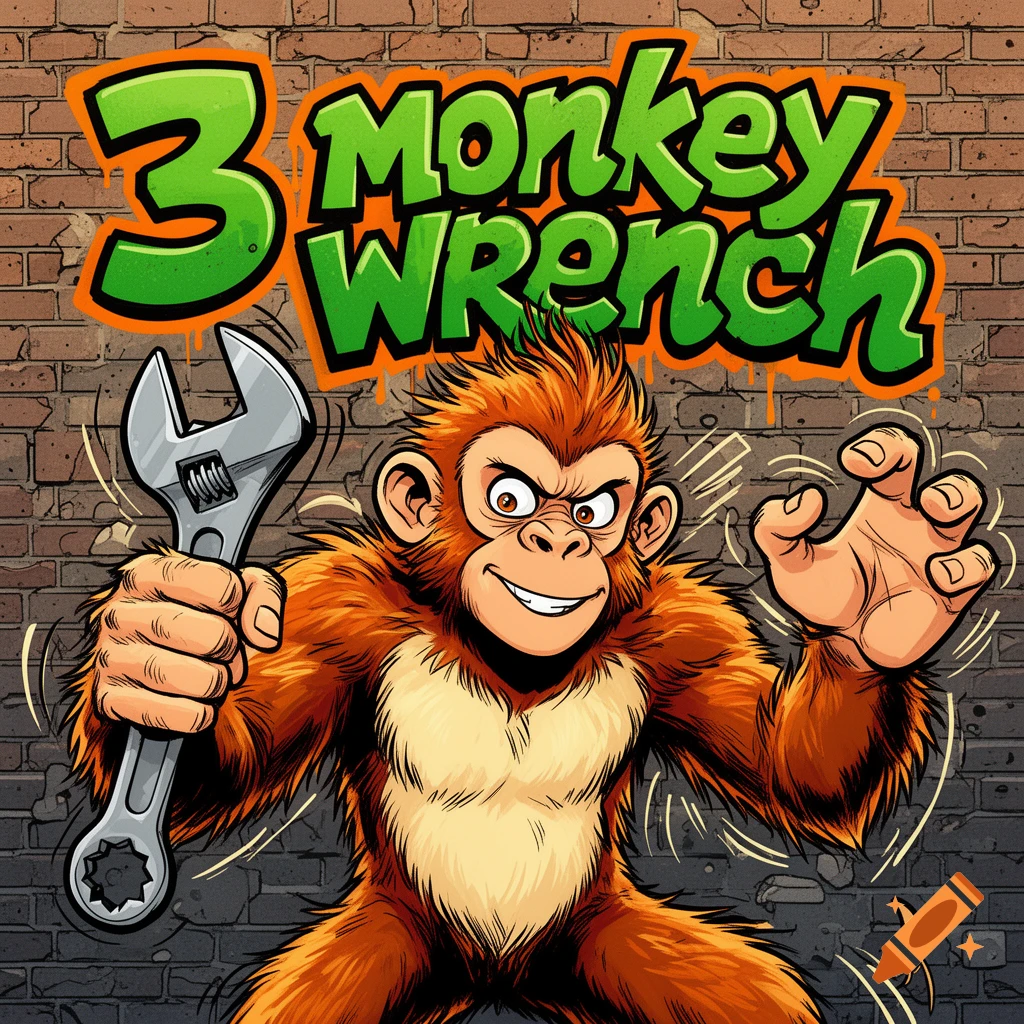 An energetic cartoon monkey with orange fur holds a wrench in its left hand, reaching out with its right. Green graffiti text "3 monkey Wrench" is on the brick wall background.