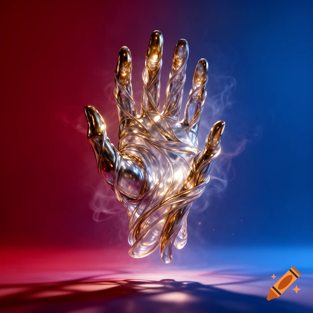 A shimmering 3D render of an abstract metallic hand with intertwined gold and silver elements, against a red and blue gradient background.